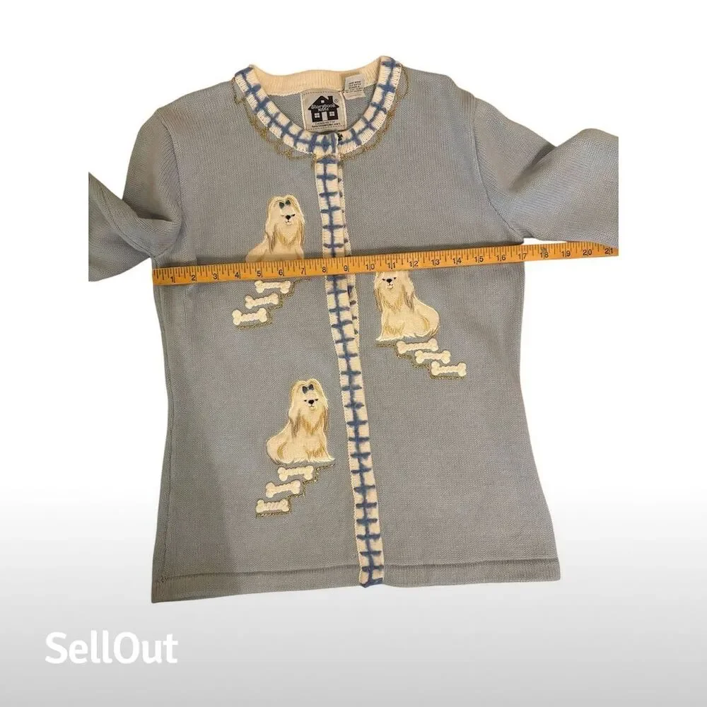 Vintage Storybook Knits Dog Cardigan Sweater Blue Women's XS Long Sleeve - Picture 5 of 5